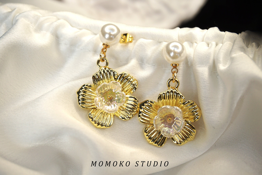 Vintage Style Pearl Stud Hibiscus Earrings, Earrings, Jewelry, Wedding Gift For Her