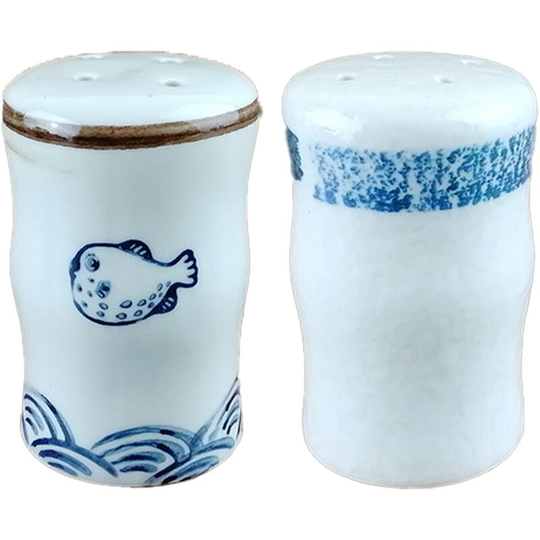 Fvbjd - Kitchen seasoning jar salt chili powder jar ceramic with hole pepper chicken powder bottle sprinkler (Blowfish) + (Blue Circle)