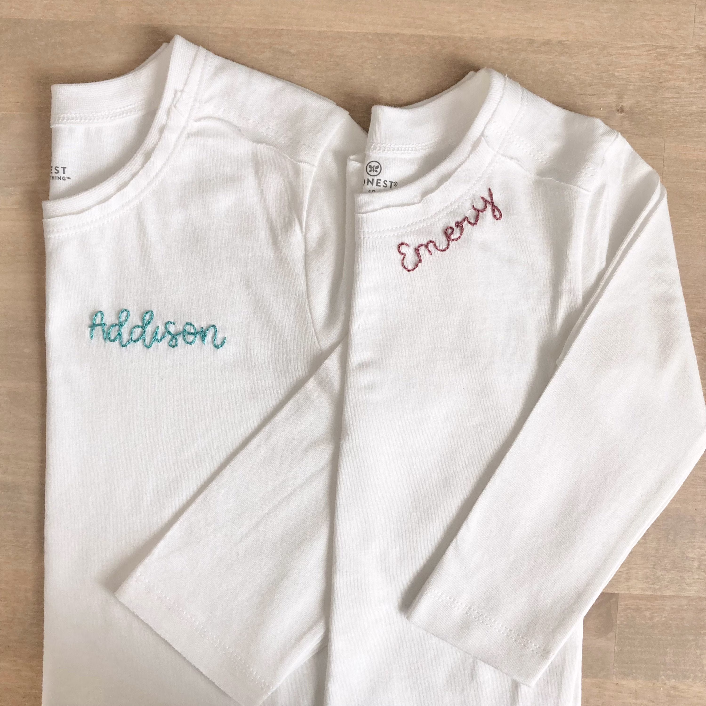 Organic Cotton Custom Name Embroidered Toddler Long Sleeve T-Shirt- Personalized - Hand Unisex Tee Neutral Baby Bodysuit