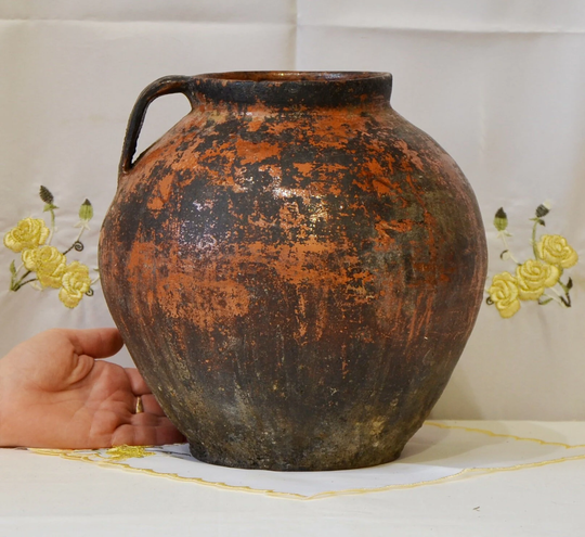 Large Brown Primitive Clay Vessel. Wabi Sabi Pottery Vase. Antique Black Ceramic Pot