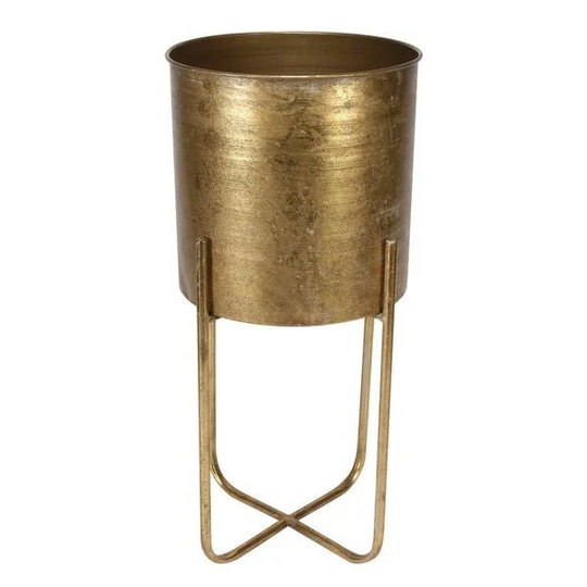French Vintage Style Brocante Planter With Stand | L Brass Gold Metal