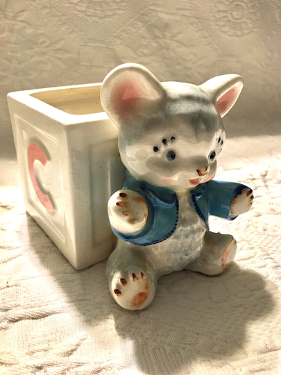Adorable Vintage Bear & Block Plant Or Trinket Holder