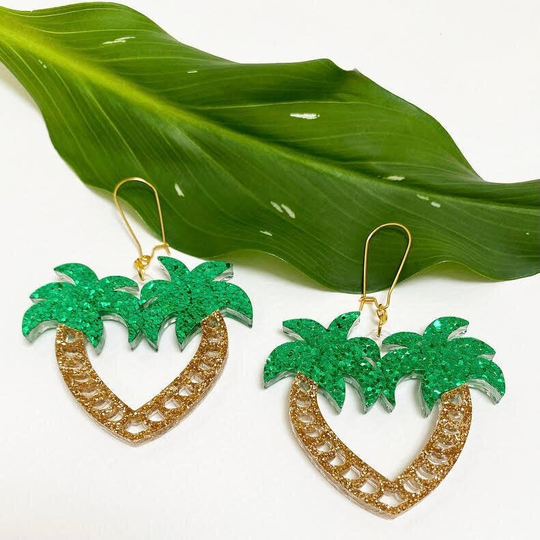 Paradise Palm Heart Earrings in Gold Glitter & Green