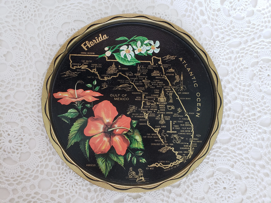Florida Sunshine State Metal Serving Bar Tray, State, Mid Century Souvenir