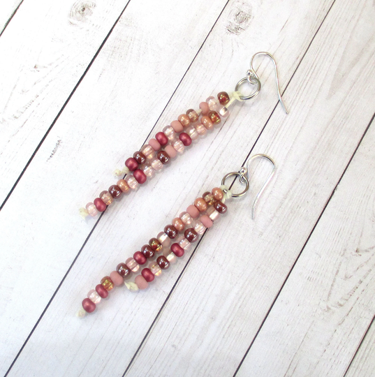 Rose Pink Long Earrings, Seed Bead Jewelry, Dainty Asymmetrical .925 Sterling Silver Filled 3In
