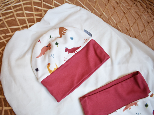 Beanie Dinosaur Print | Baby Organic Cotton Hat Jersey For Baby Organic Children's Beanie Mustard & Wine