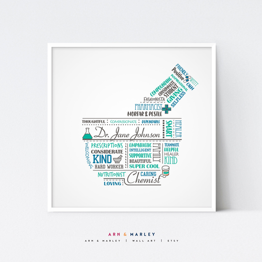 Personalized Mortar & Pestle Word Art, Pharmacy Or Kitchen Themed - Shipped Giclée Print | Paper, Framed Print, Canvas