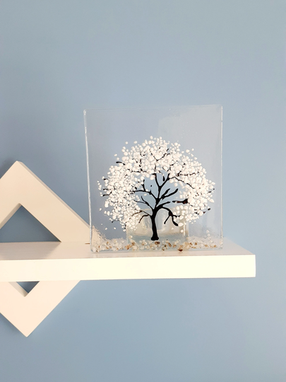 Four Seasons Winter Tealight Holder, Fused Glass, Decor, Housewarming Gift, Wedding Present, Neutral Decor