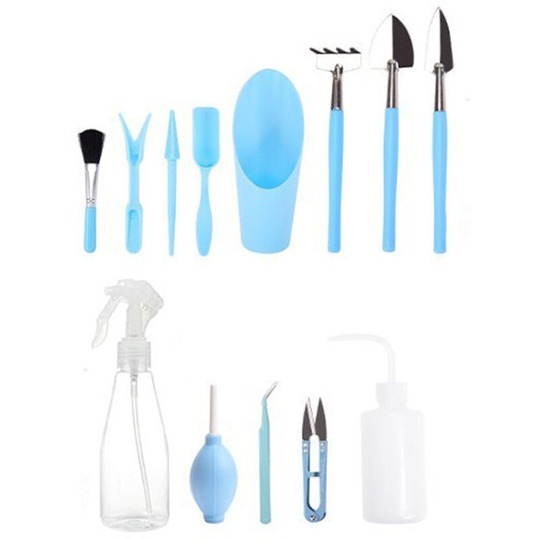 13PCS Garden Hand Tools Bonsai Succulent Planting Tool Set Mini Garden Planting Care Tools Leaf Trimmer Rake Shovels Watering Bottle Blue