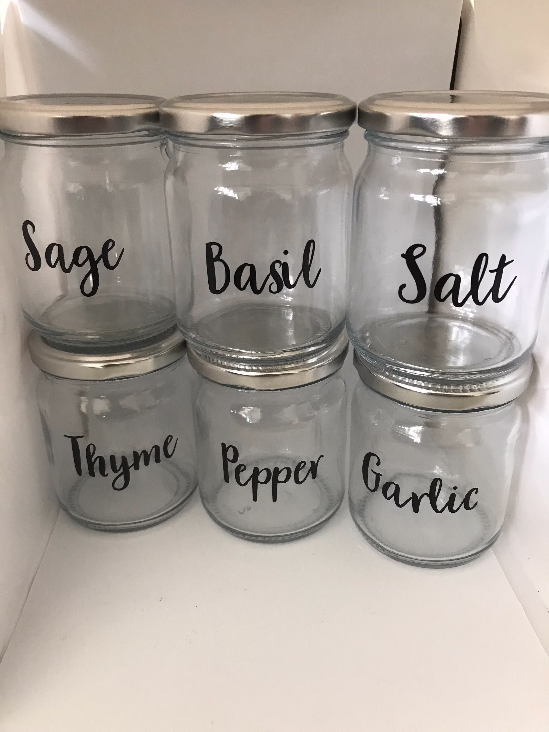 Set Of Six Large 300Ml Glass Jars Personalised Any Word Herbs/Spices Screw Top Lids Kitchen Storage