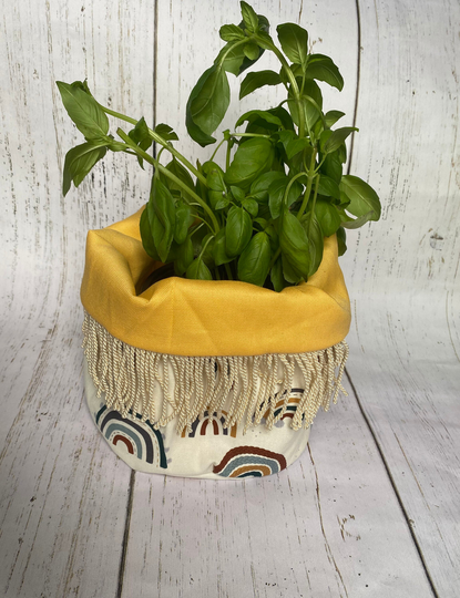 Fabric Planter Cover | Canvas Boho Rainbow Collapsible Cover| Reversible Fringe