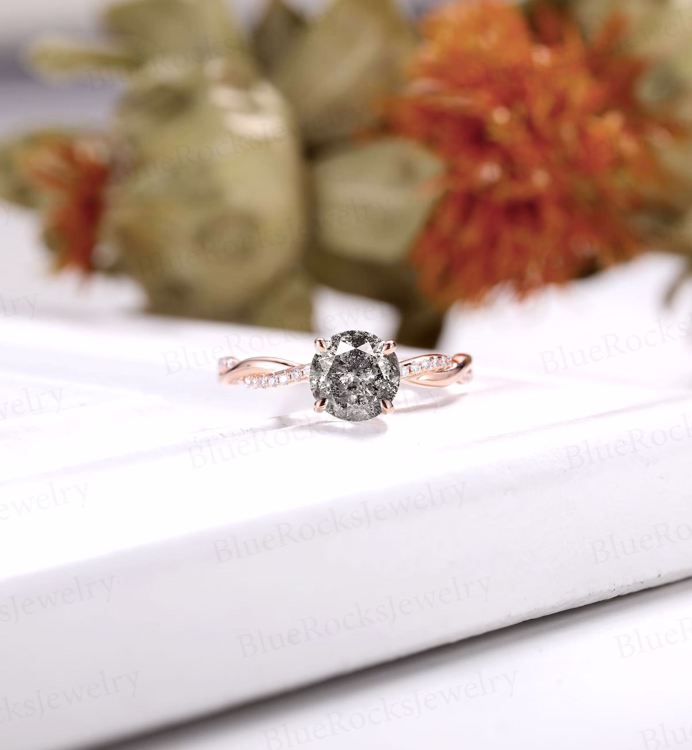 Vintage Round Salt & Pepper Diamond Engagement Ring, Rose Gold Band, Unique Twist Diamond Bridal Delicate Anniversary Promise Ring