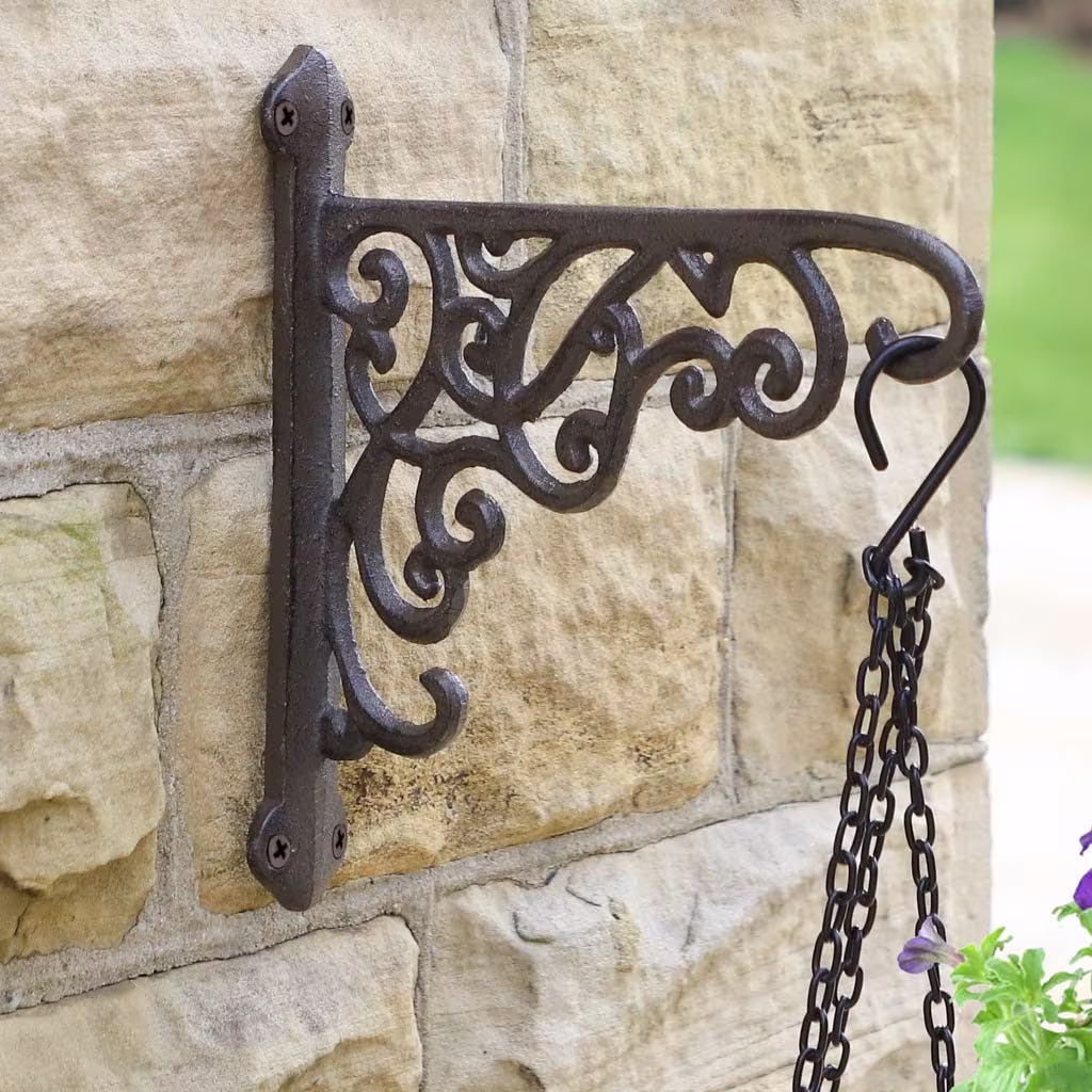 Cast Iron Hanging Bracket Wall Mounted Decorative Garden Basket Lantern Hook Ornate Scrolled Vintage Style
