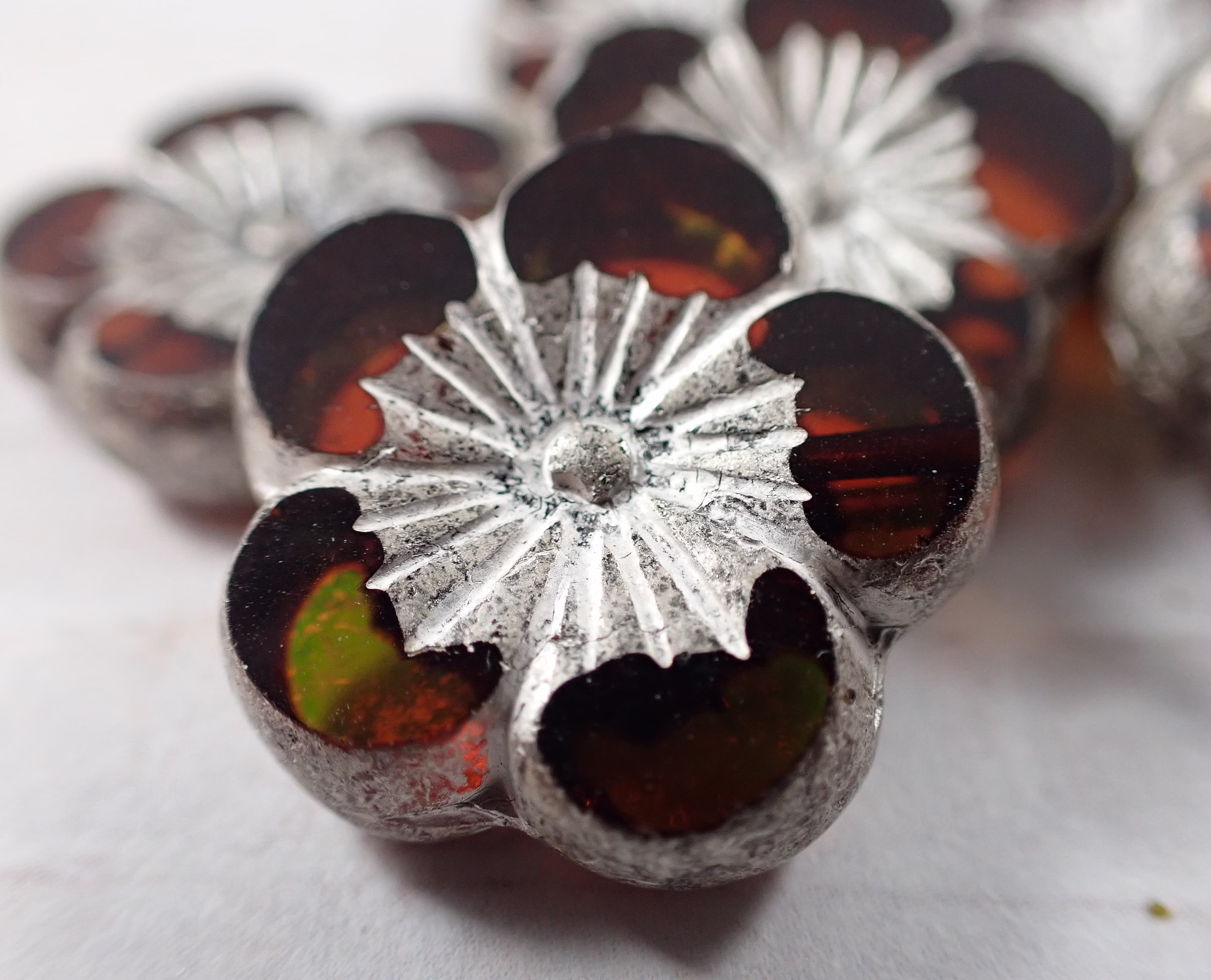 2 Pcs Green Silver Hibiscus Flower Beads - Czech Glass Table Cut Orange Large Metallic #s5789