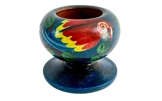 Small Vintage Wooden Air Plant Vase With Glazed Hand Painted Parrot Decorations