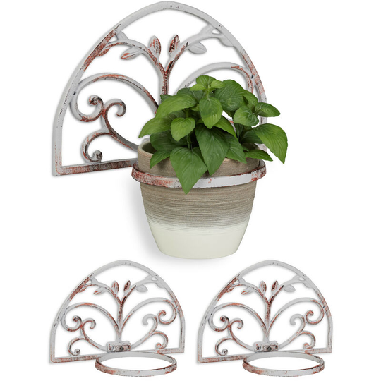 Relaxdays Set of 3 Wall Flower Racks, Cast Iron, Antique Look, Plant Pot Holder, Decorative, Outside, Ø 14.5 cm, White