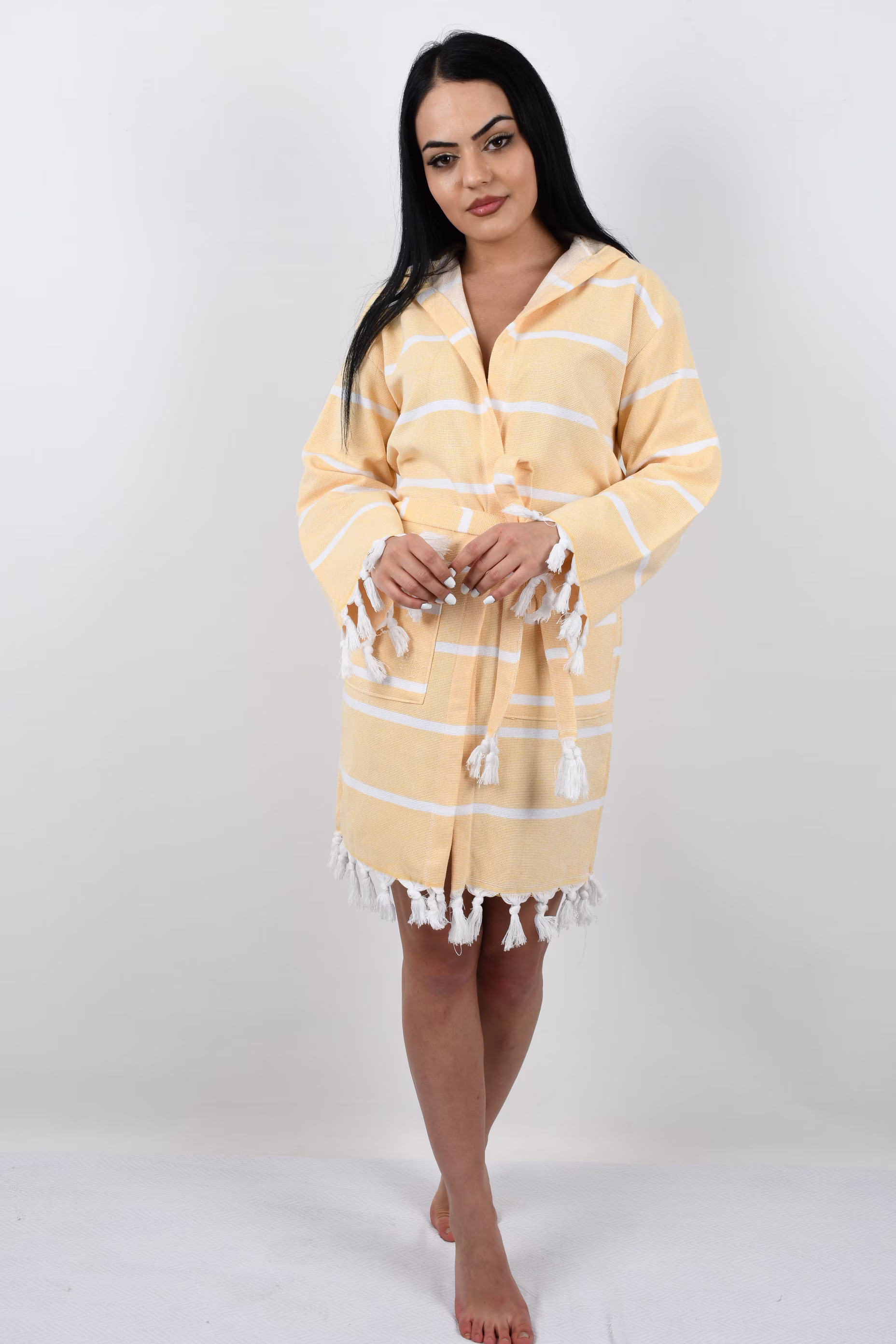 Turkish Bathrobe, Cotton Kimono, Gift Pajama, Soft Beach Cloth, Organic Terry Striped Yellow Bathrobe