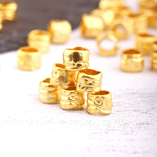 Gold Bead Sliders, Organic Textured Slider Beads, Spacers, Large Hole 4 Pieces // Gb-326