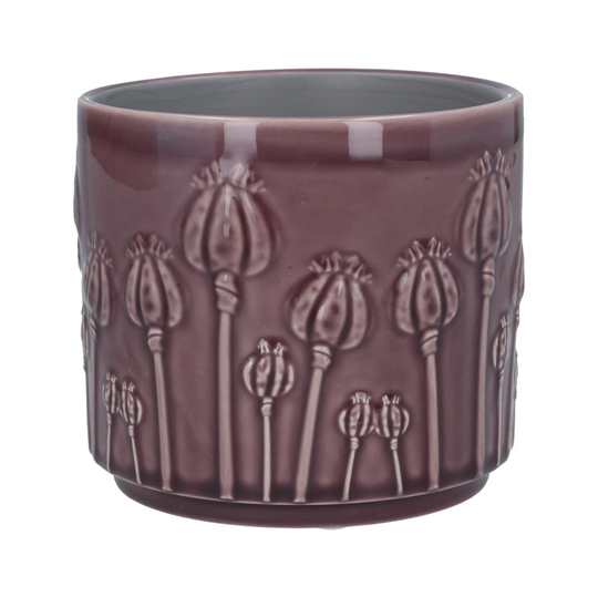 Purple Plant Pot Cover - Flower Pattern Planter Glazed Ceramic Holder Embossed Poppy Heads Indoor House