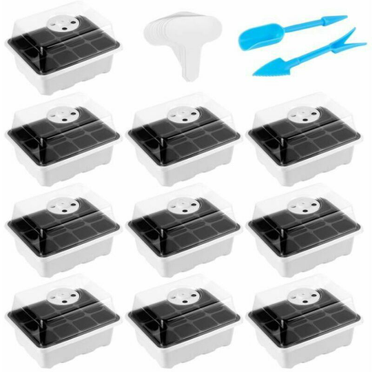 Mini Greenhouse for Plants 10pcs 120 Cells - 12 Labels, 2 Seeding Bucket Tools - Seedling Trays Vegetable Tray 18.5*14.5*10.8cm