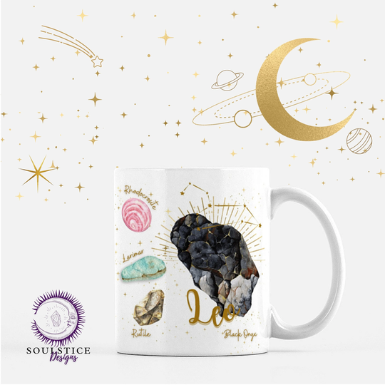 Leo Mug/Crystalline Coffee Cup 11 Oz White Crystal Tea Zodiac Astrological