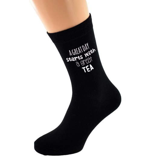 A Great Day Starts With A Tea Printed On Mens Black Socks