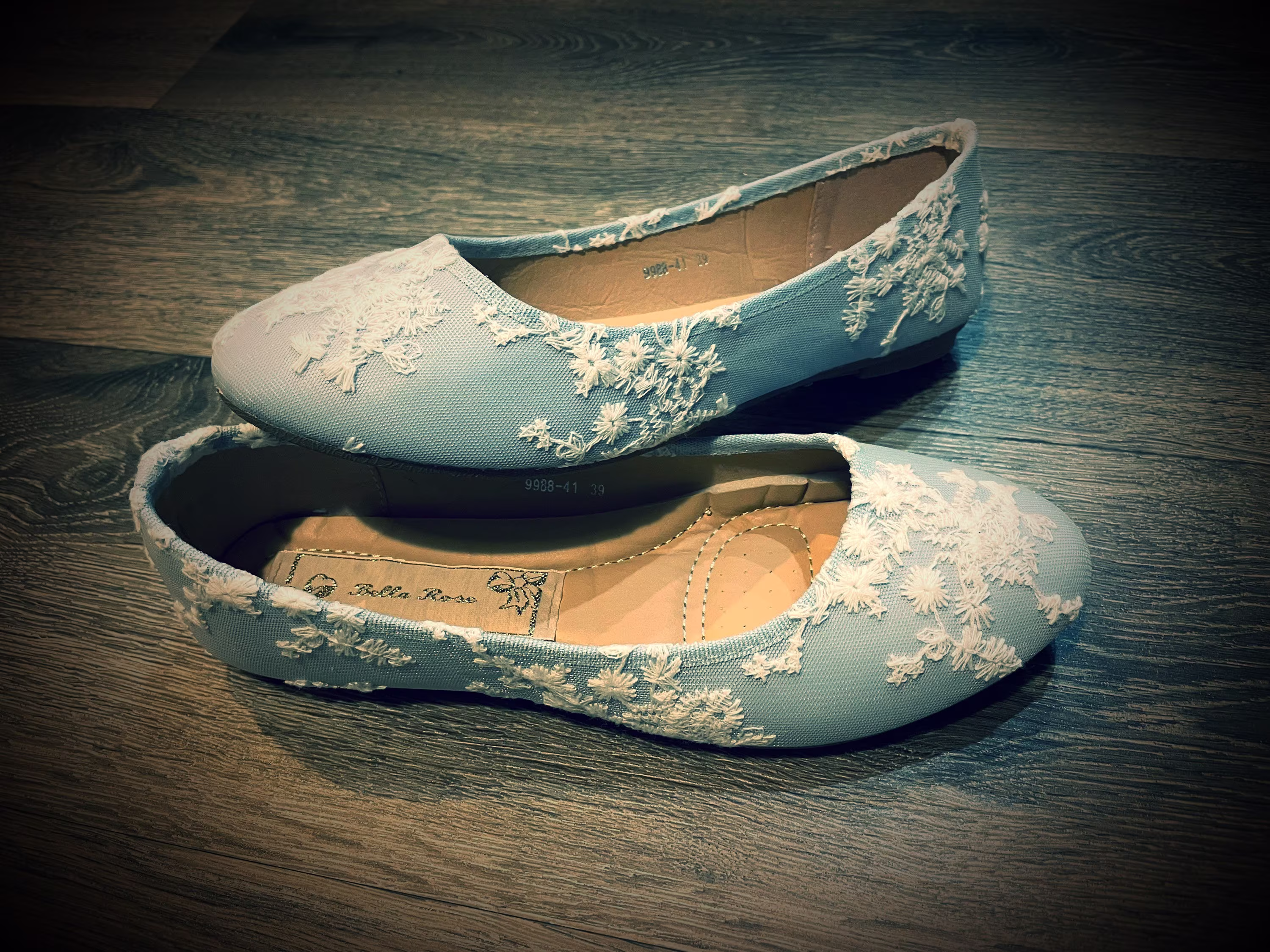 Pale Baby Pastel Sky Powder Blue Flat Ballerina Pumps Covered in Beautiful Delicate Floral Bridal Lace