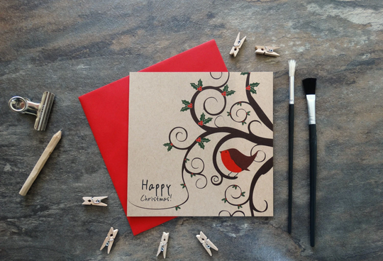 By The Shed - Christmas Card Robin, Tree Xmas Card, Seasons Greetings, Festive, Robin Bird, Holly Berries, Countryside, Wildlife, Brown