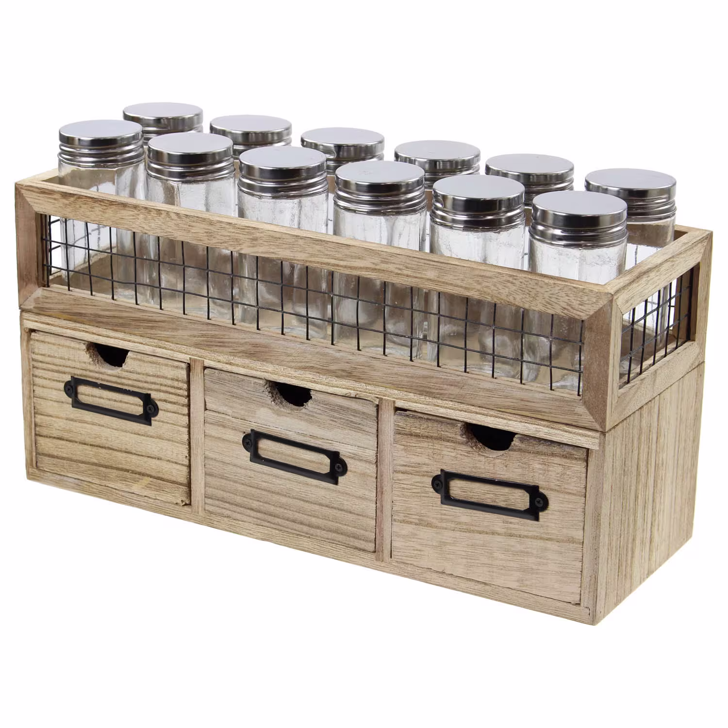 Set Of 12 Clear Glass Herb Spice Jars 3 Drawer Wooden Storage Cabinet Rack Stand