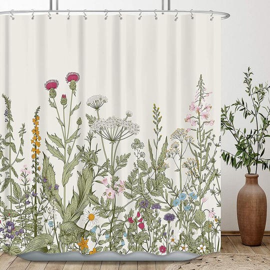 Ilovemilan - Wildflower Botanical Shower Curtain for Bathroom Decor 70.8Wx70.8H Inch Floral Flower Plant Herbs Sage Green Leaves Decorative Bath Set