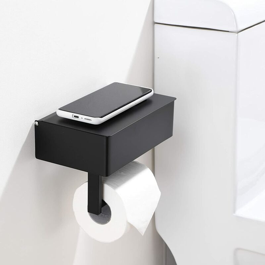 Toilet Paper Holder with Shelf - Tissue Dispenser and Storage for All Bathrooms - Stainless Steel Wall Mounted Organizer - Matte Black