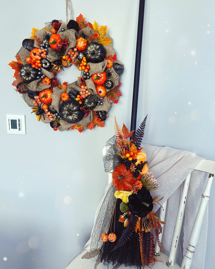 Halloween Burlap Wreath. Pumpkin Front Door Fall Decor. Autumn Bright Thanksgiving Decor. Seasonal Decoration
