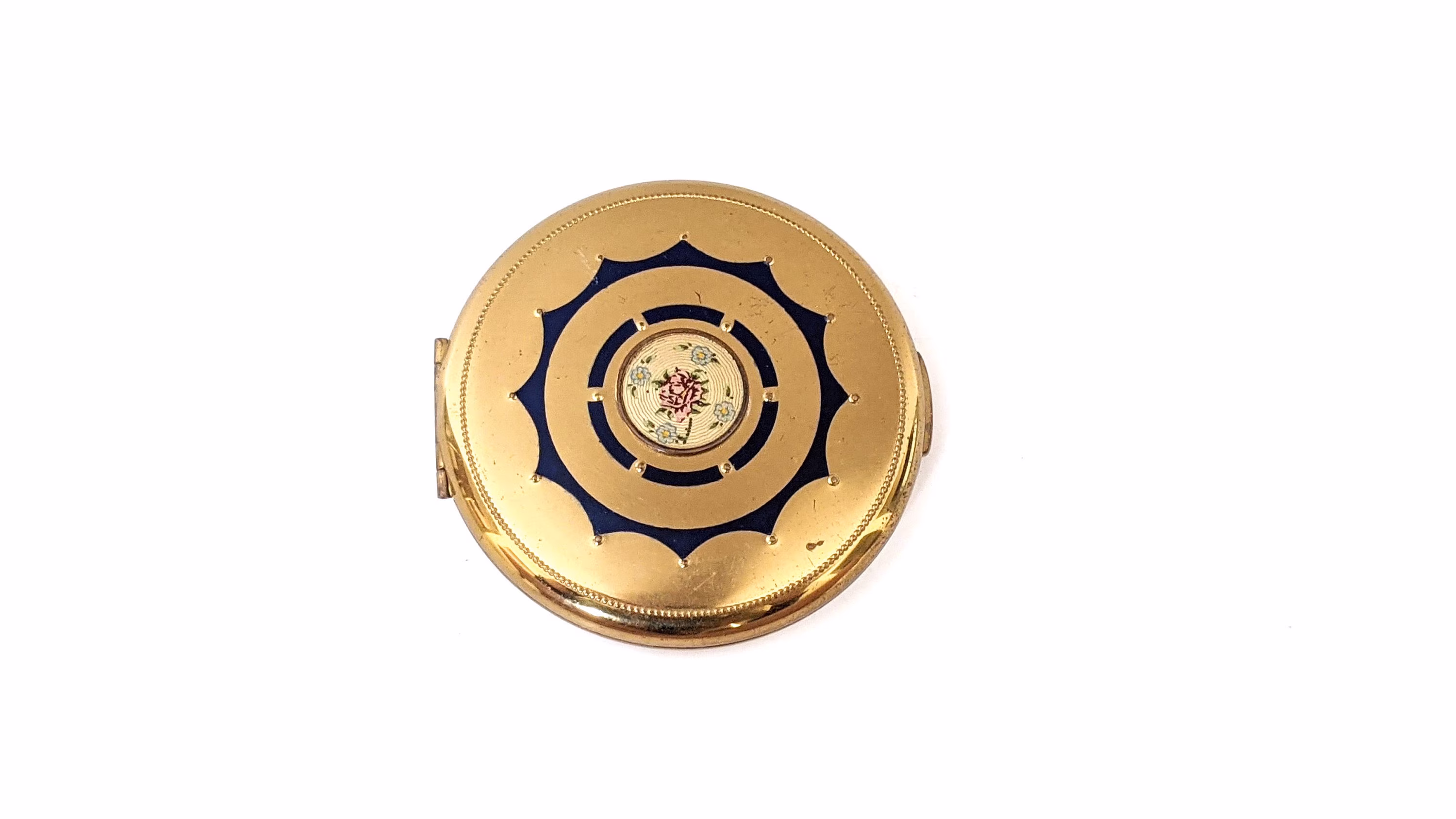 Sale Vintage Compact Mirror Gold Tone Rose Floral Flower Blue Powder Make Up Vanity Display