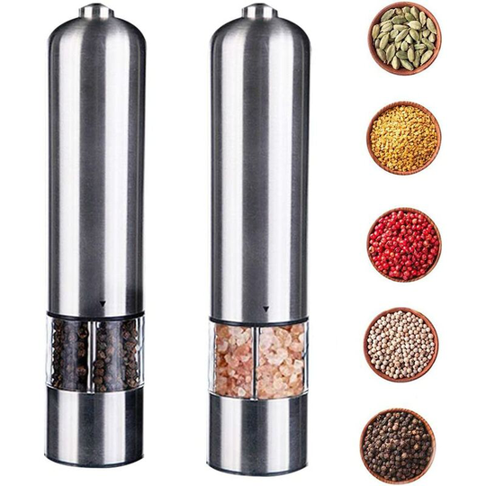 Automatic Salt and Pepper Grinder Electric Grinders Stainless Steel Durable Adjustable Grain Size Grinder (Silver, Set of 2)