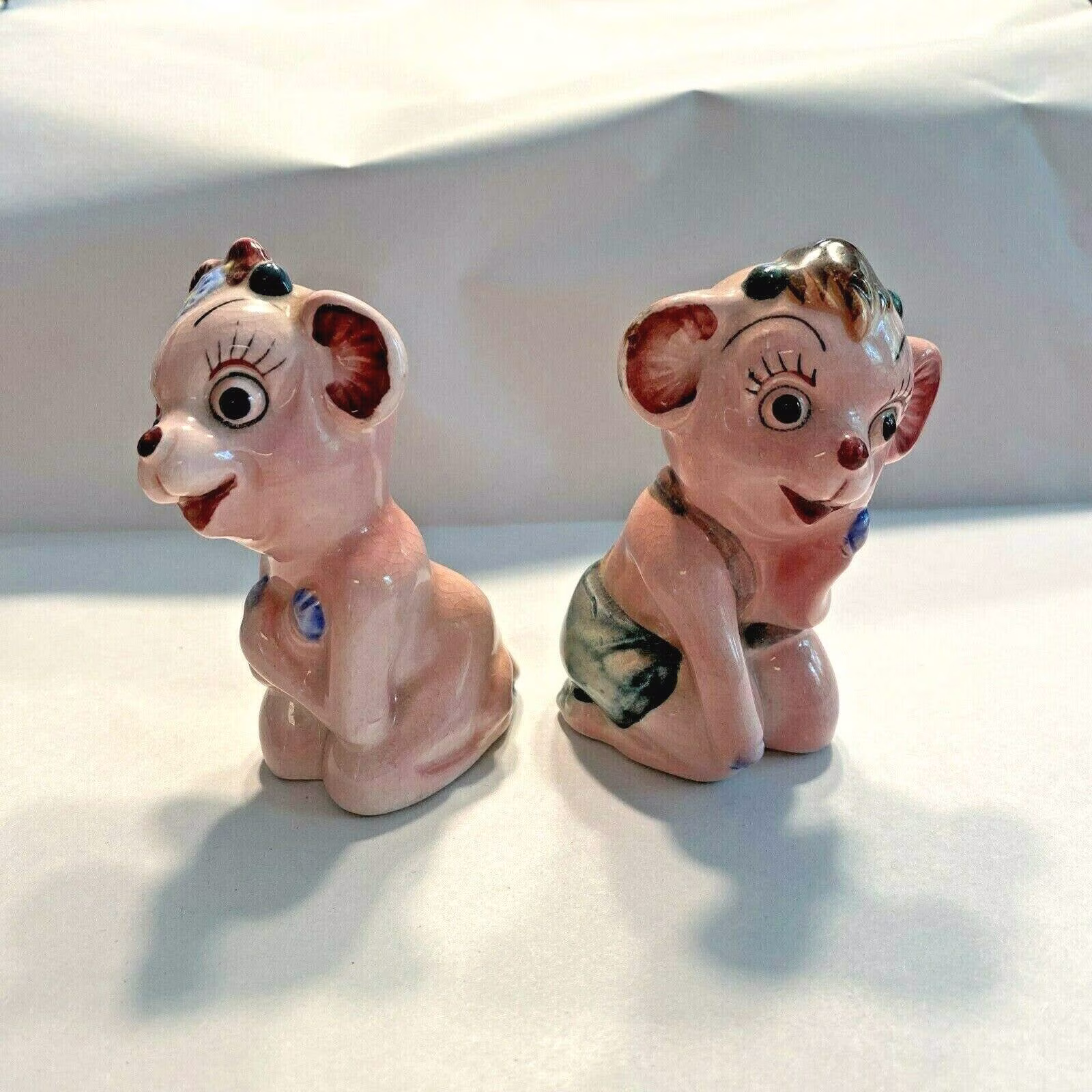 30% Off Vintage Anthropomorphic Pink Pigs Salt & Pepper Shakers Set, Porcelain Ceramic Wearing Clothes, Whimsical Kitchen Kitsch Coll