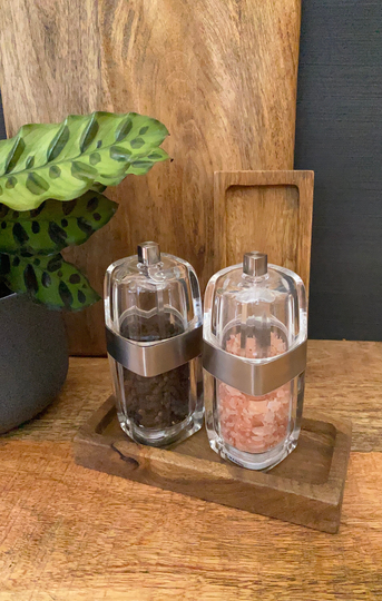 Wooden Condiment Tray/Mill Rest Ideal For Salt & Pepper Grinders Or Slim Oil & Vinegar Bottle. Carved From Solid Mango Wood