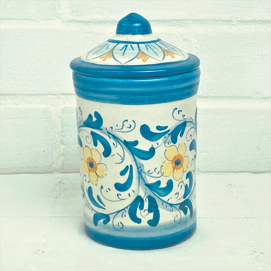 Handmade Ceramic Jar - Hand-Thrown in Italy, Painted By Hand, Floral Decoration, With Lid Ø 9.4 H 16.2cm