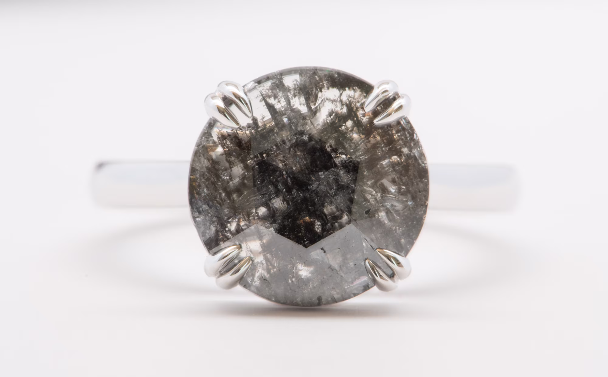 2.37Ct Large Rose Cut Round Salt & Pepper Diamond 14K White Gold Ring Engagement Ooak Alternative Bride Gift For Her R6001