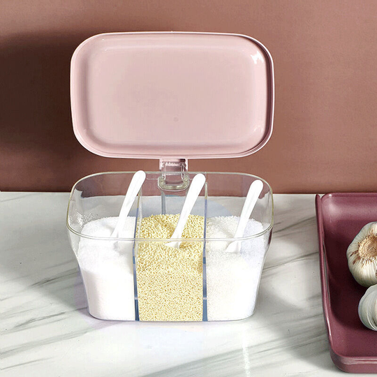 Clear Seasoning Storage Box Container Condiment Jars Kitchen Spice Pots Seasoning Rack Acrylic Seasoning Box with Cover and Spoon, 3 Compartment