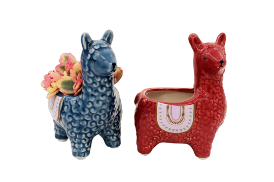 Alpaca Succulent Pots, 2 Pc. Set Animal Planter in Red & Blue Decorative Ceramic Planters For Indoor Home Decor Living Room Kitchen