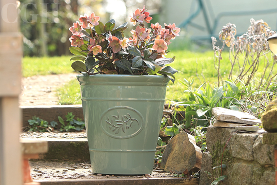 xlarge Round Planter Pot Garden Olive Green Stone Look 40cm Outdoor Patio Tub