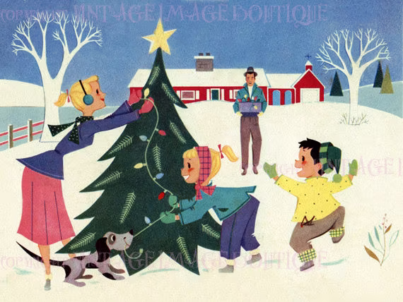 Fabulous 1950's Kitschy Illustration Of A Family Decorating Their Outdoor Tree Christmas Season Winter Solstice Holiday 5x7 Greeting Card