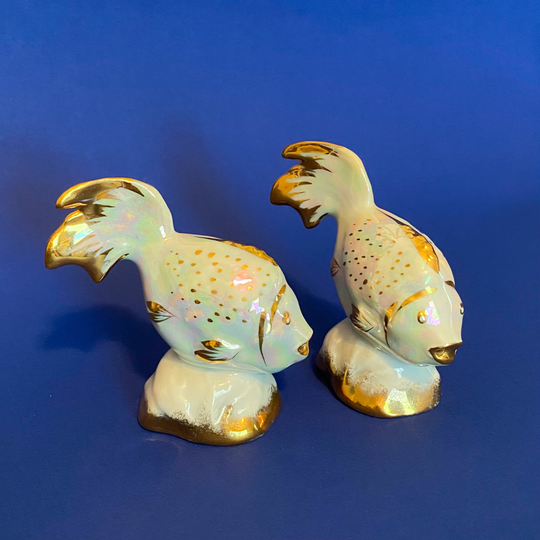Limoge France Porcelain White Iridescent Fish With Gold Leaf Salt & Pepper Shakers - Vintage