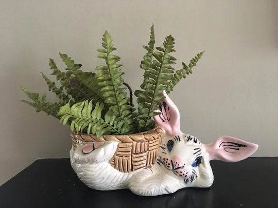 Vintage Rabbit Bunny Planter Hand Made Painted Holding Basket White With