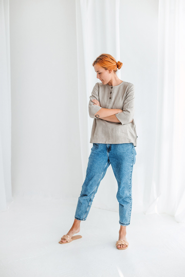 Linen Tops Brenda For Women, Organic Linen Blouse With 3/4 Sleeves, Plus Size Top, Button Up Shirt Summer, Oversized