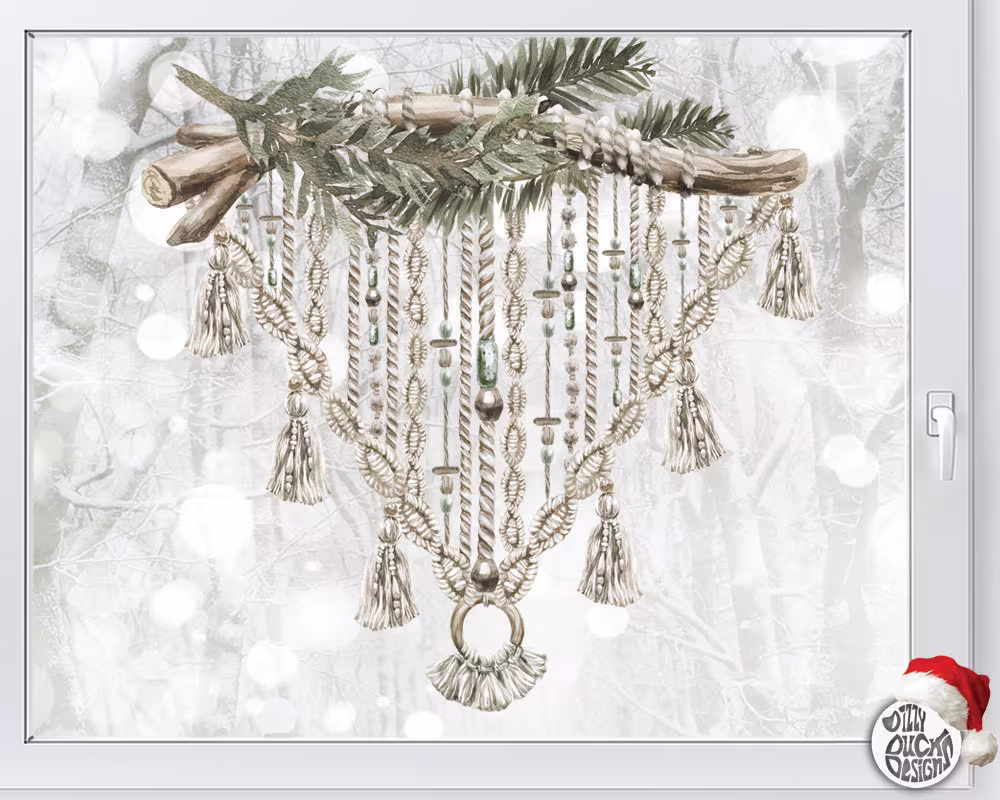 Boho Christmas Macrame Window Decal Triangle - Classy Watercolour Xmas Stickers Reusable Seasonal Clings By Dizzy Duck