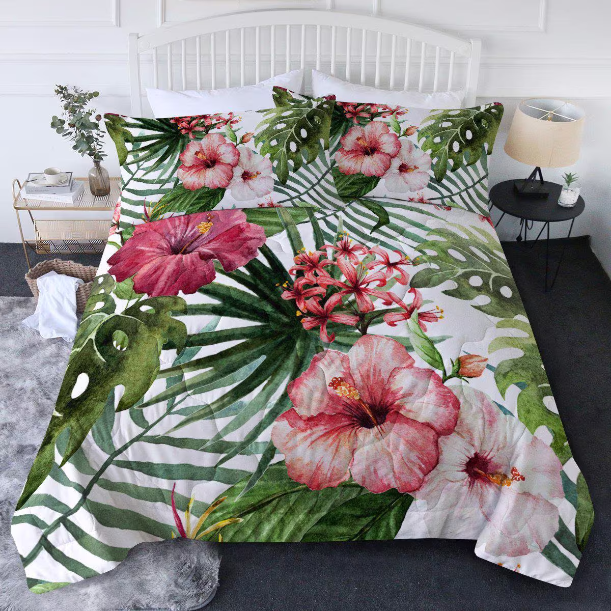 Tropical Hibiscus Comforter Set Hawaiian Flowers Palm Tree Leaves Pattern Quilt King Queen Twin Size