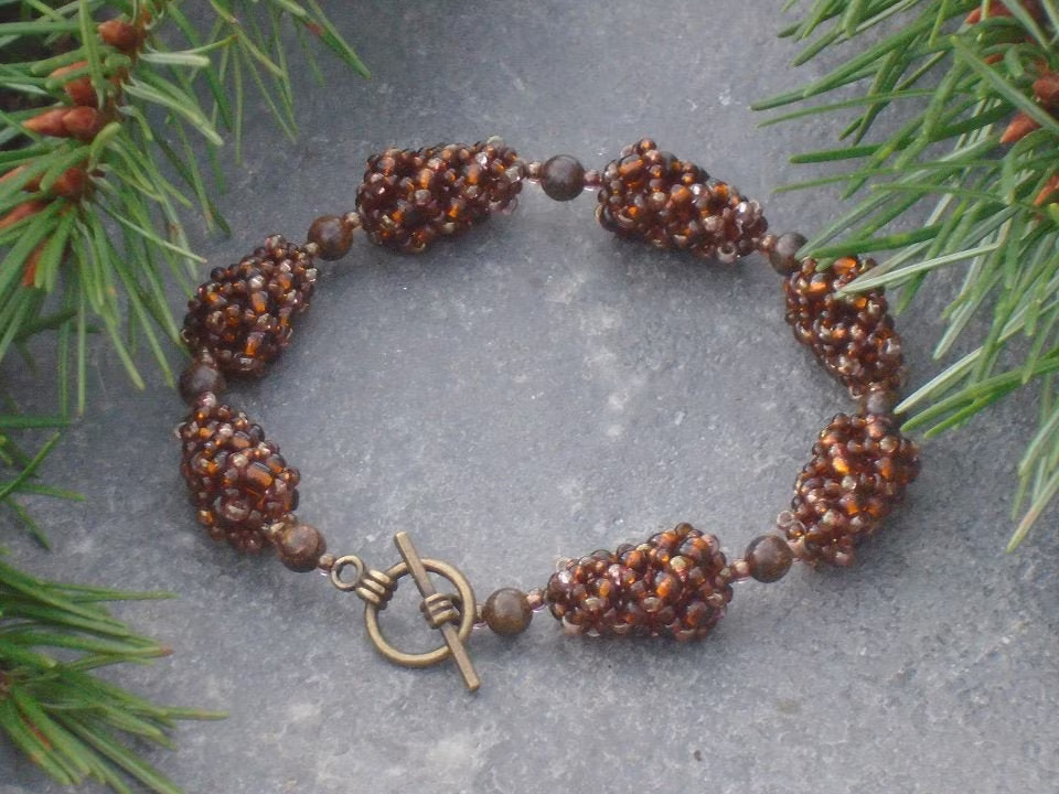 Pine Cones Bracelet, Czech Seed Bead & Bronzite Gemstone Bracelet, UK Seller