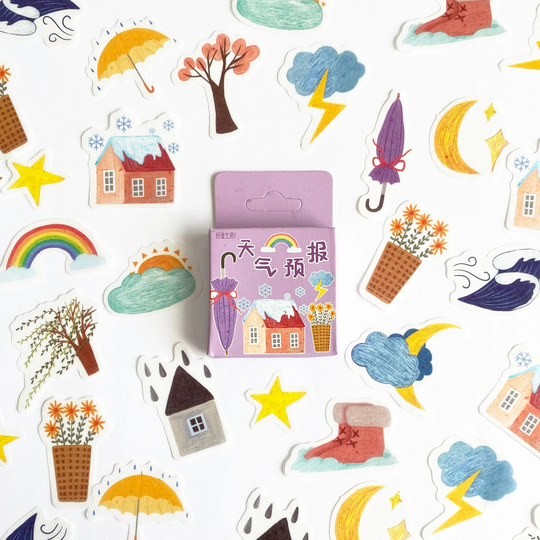 Cute Weather & Seasons Mini Box Stickers - Kawaii Journal Planner Scrapbook Stationery Rainbow Lightning