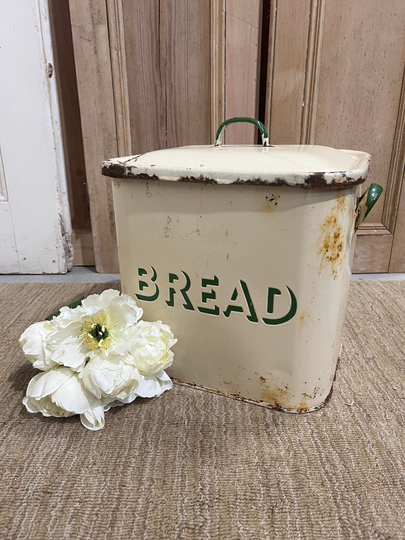 Vintage Enamel Bread Bin With Lid, Prop, Kitchenalia. Planter